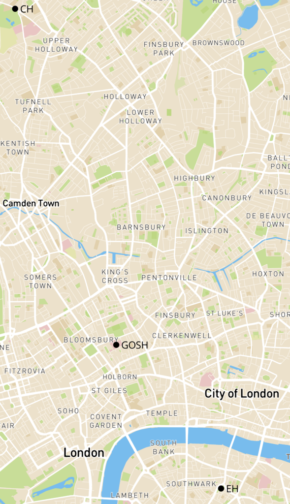 Figure 1: The locations of the two children’s hospitals and the convalescent home in London during the examined period.