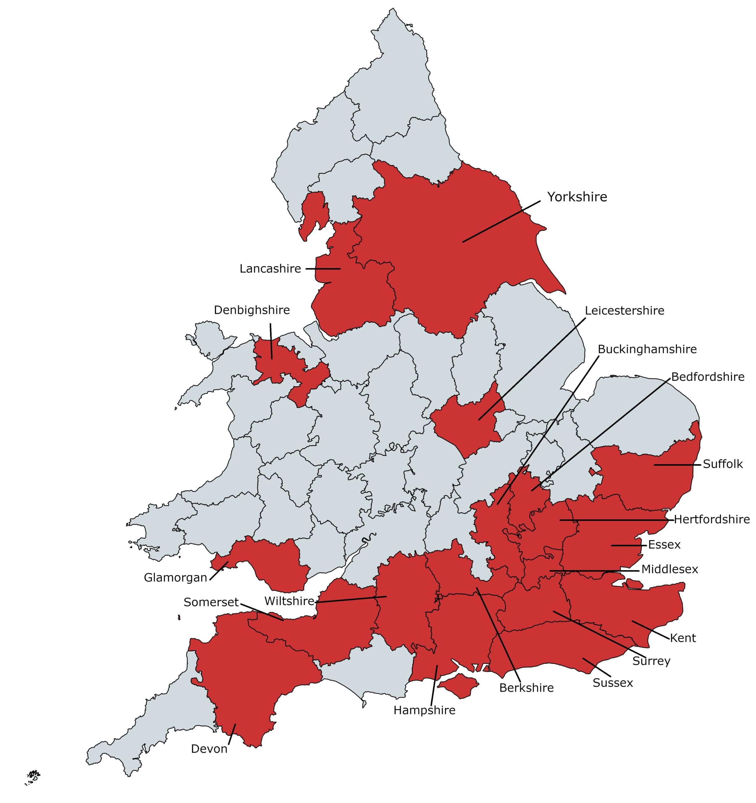 Figure 3: The historic counties of England and Wales, excluding Jersey. The highlighted and named counties are those from which children were admitted to the institutions in this study. Middlesex comprises most of present-day London.